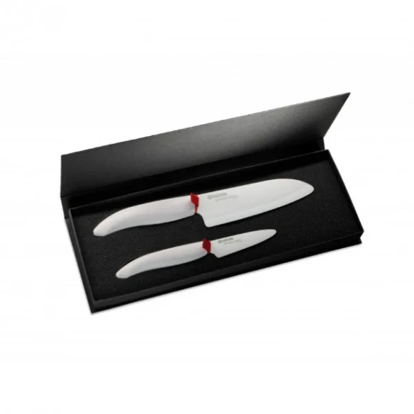 marques pas cher Coffret Kyocera – 1 Couteau D’Office + 1 Santoku, Manche Blanc 1